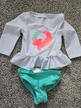 Nwot 12 Mo Cat & Jack White Unicorn Peplum Rash Guard with Mint Swim Bottoms